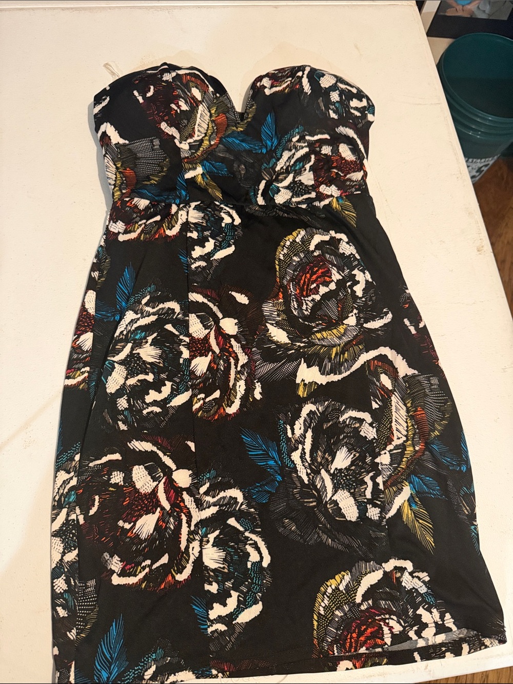 bailey blue Strapless Floral Black Dress with Multicolor Accents